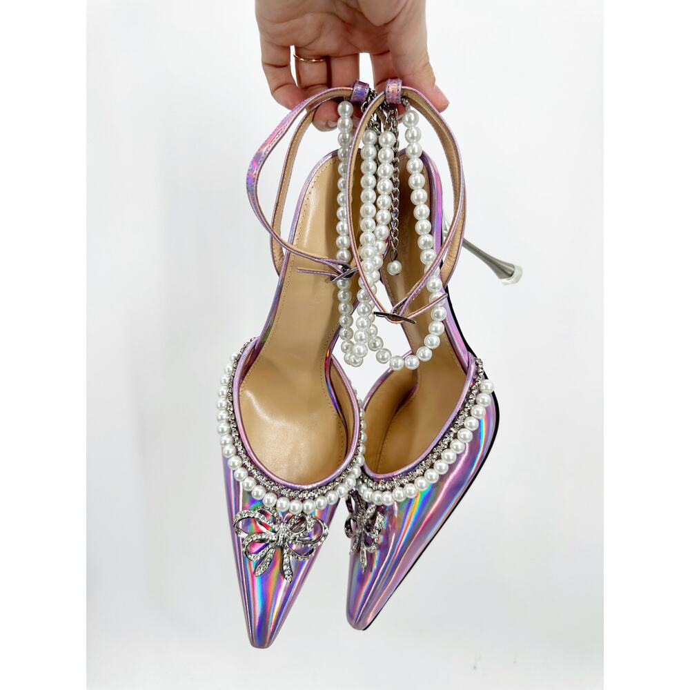 Mach & Mach Sophie Pointed Toe Crystal Embellished Pearl Bow Heel Iridescent